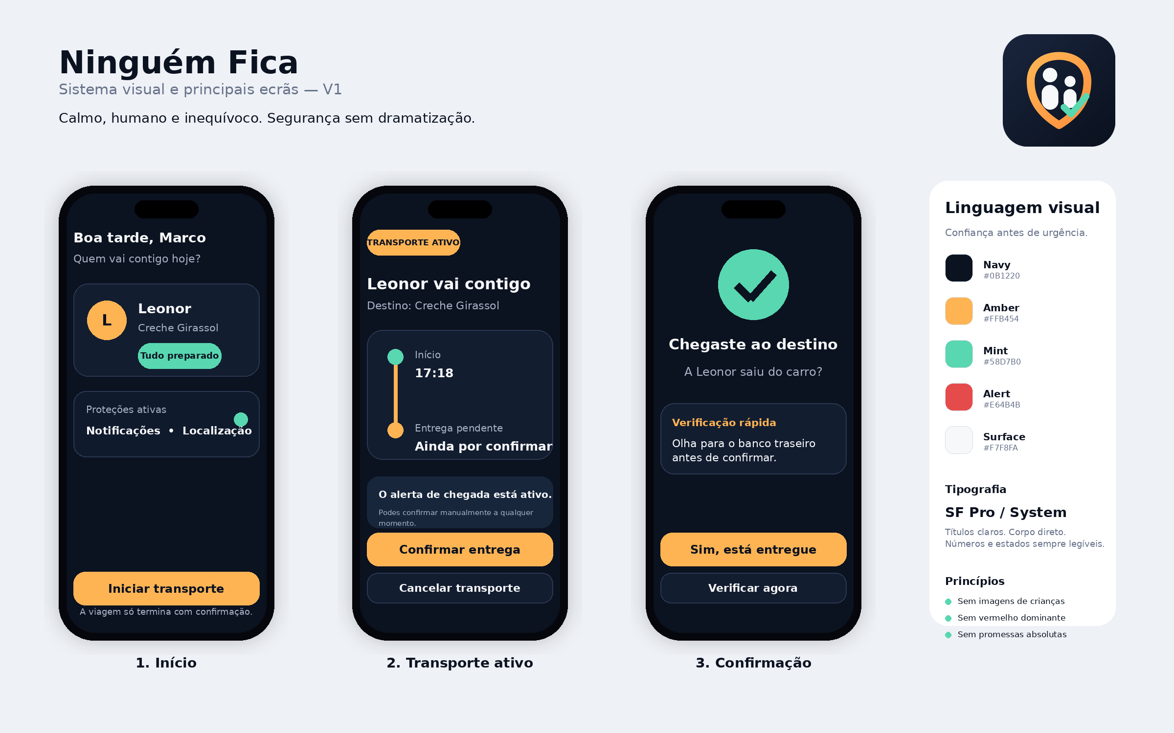 Três ecrãs da app: início, transporte ativo e confirmação de entrega.