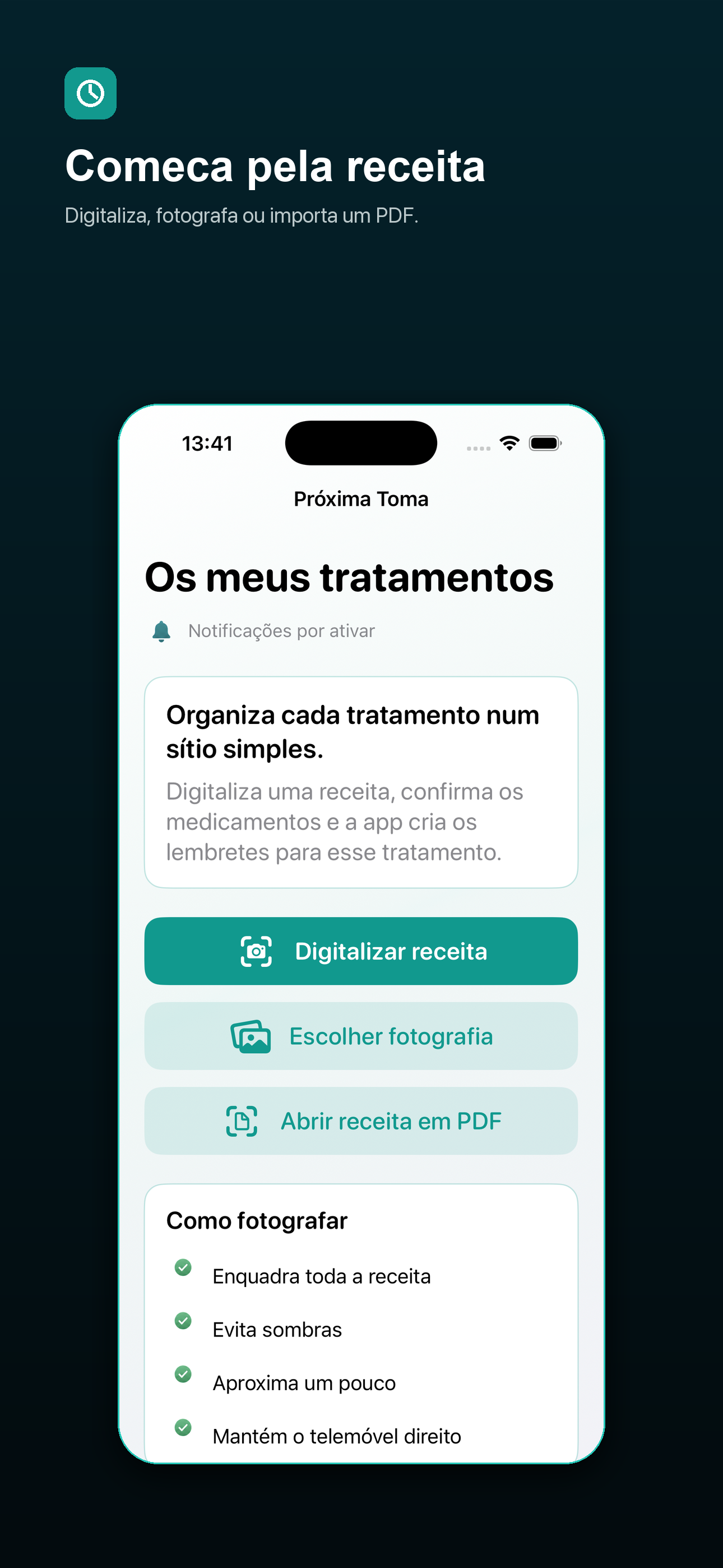 Ecrã de criação de novo tratamento com opções para digitalizar, fotografar ou importar uma receita.