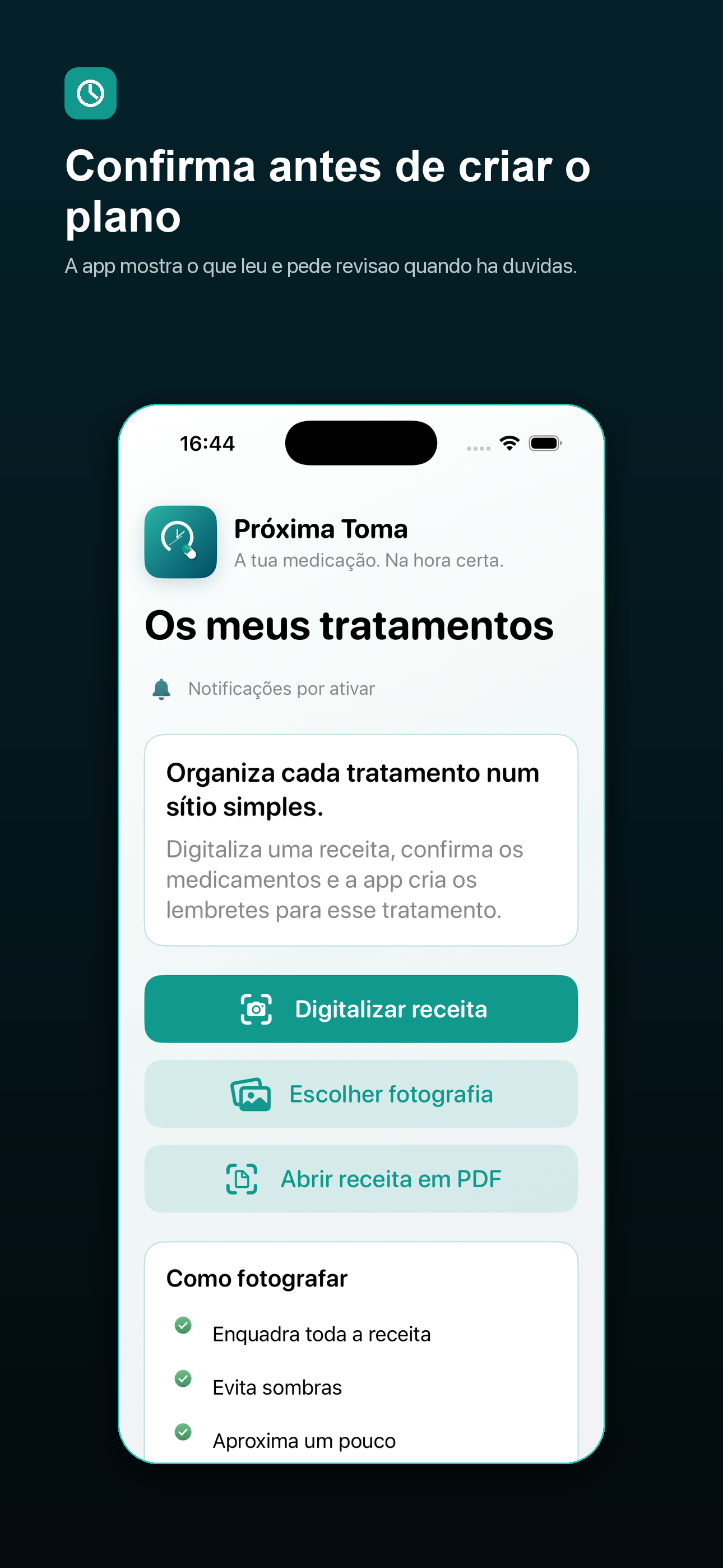 Ecrã de revisão da receita antes de criar o plano.