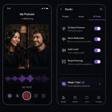 Roomer iPhone screens showing a recording session and AI production tools