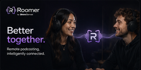 Roomer social banner with two remote podcast participants connected by a waveform